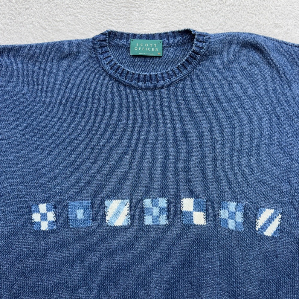 Scott Officer Mens Blue Geometric Intarsia Knit Sweater Made in Scotland Size M - Picture 2 of 8
